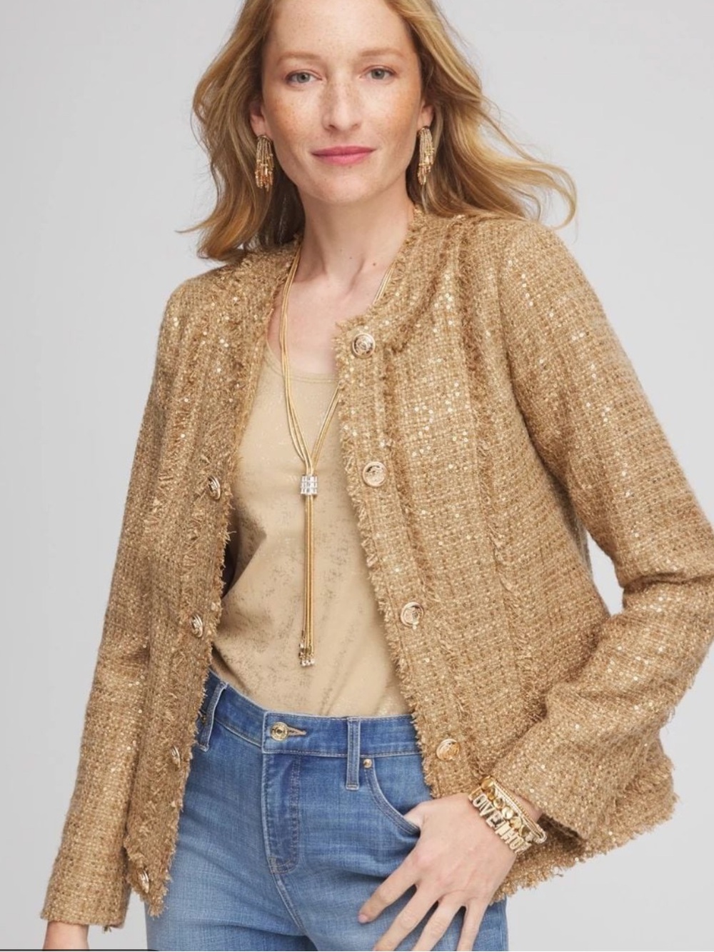Chico’s | Gold Sequined Tweed Open Front Jacket